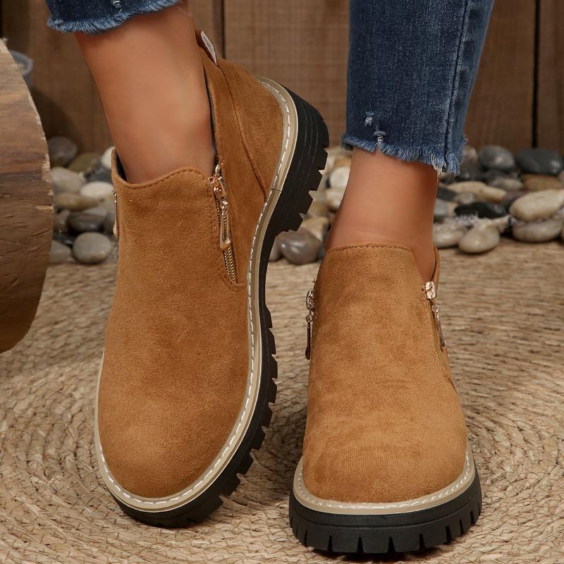 Foreign Trade New Large Size Double Zipper Platform Martin Boots Women's Cross-border Short Tube Round Head Suede Thick Heel and Bare Boots