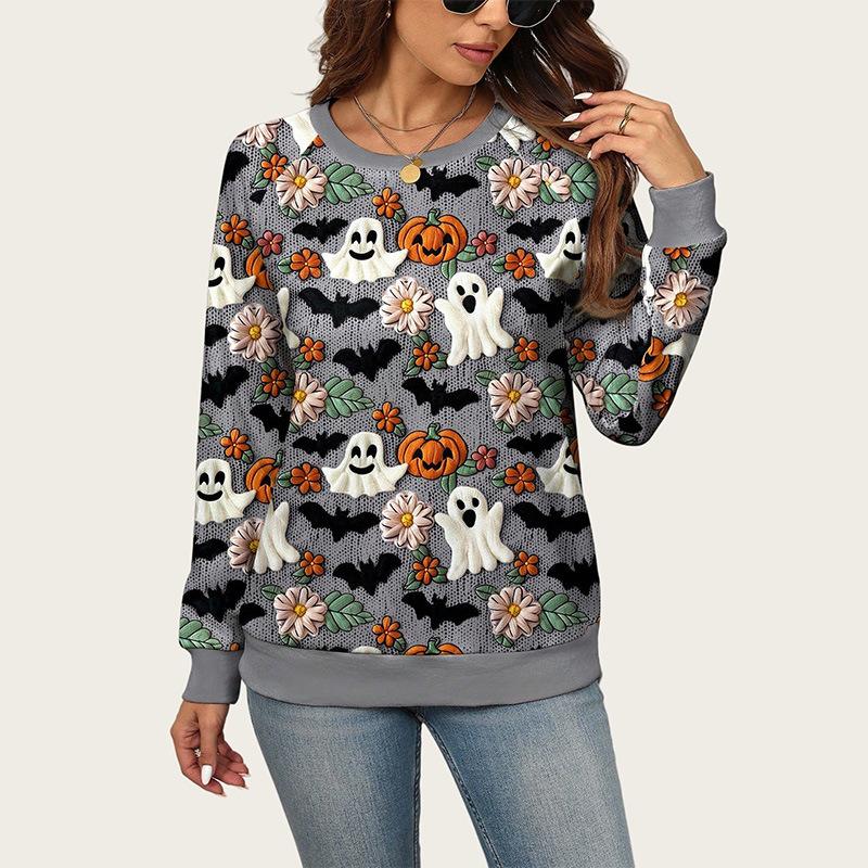 Ladies Spring Autumn Ghost Pumpkin Halloween O Neck Long Sleeve Pullover Hoodies Sweatshirt Top