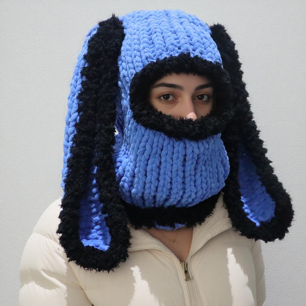 Handmade Knitted Long-eared Rabbit Head Cover Hat Balaclava Thermal Hat European and American Ski Cold Ear Protection Hat