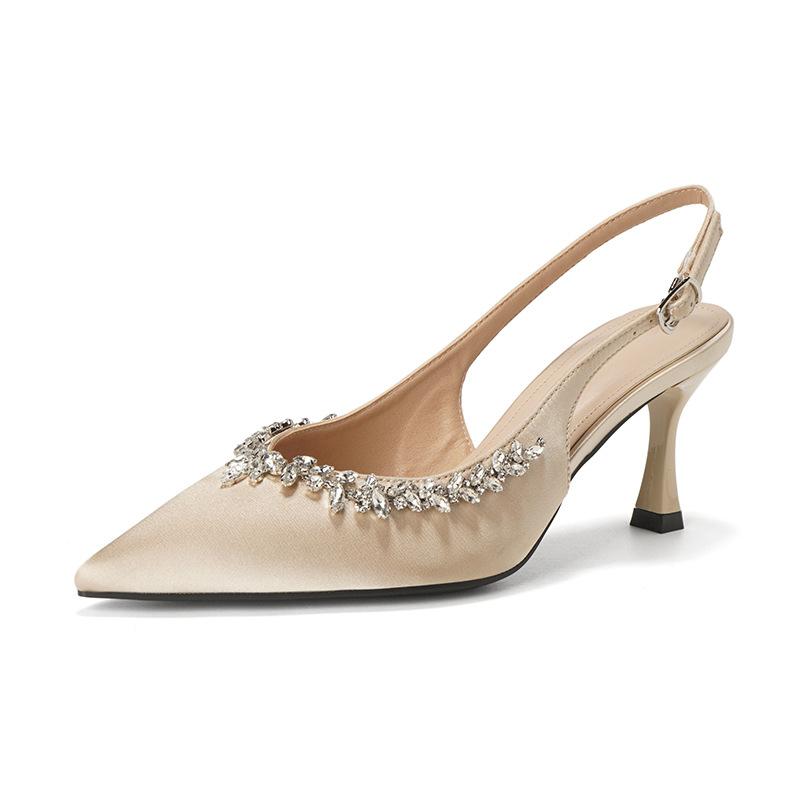 Premium Sense Satin Pointed Head Bag Head High Heels Women's Thin Heels French Temperament Rhinestone Fairy Sandals Women's Empty Shoes