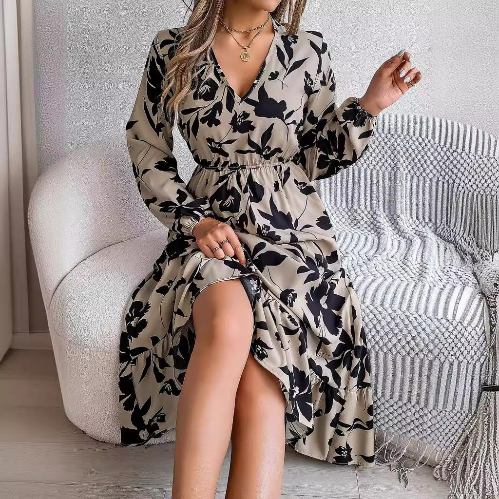 Women's Autumn/winter Casual Flower Waist Tucked Long Sleeve Ruffled Dress