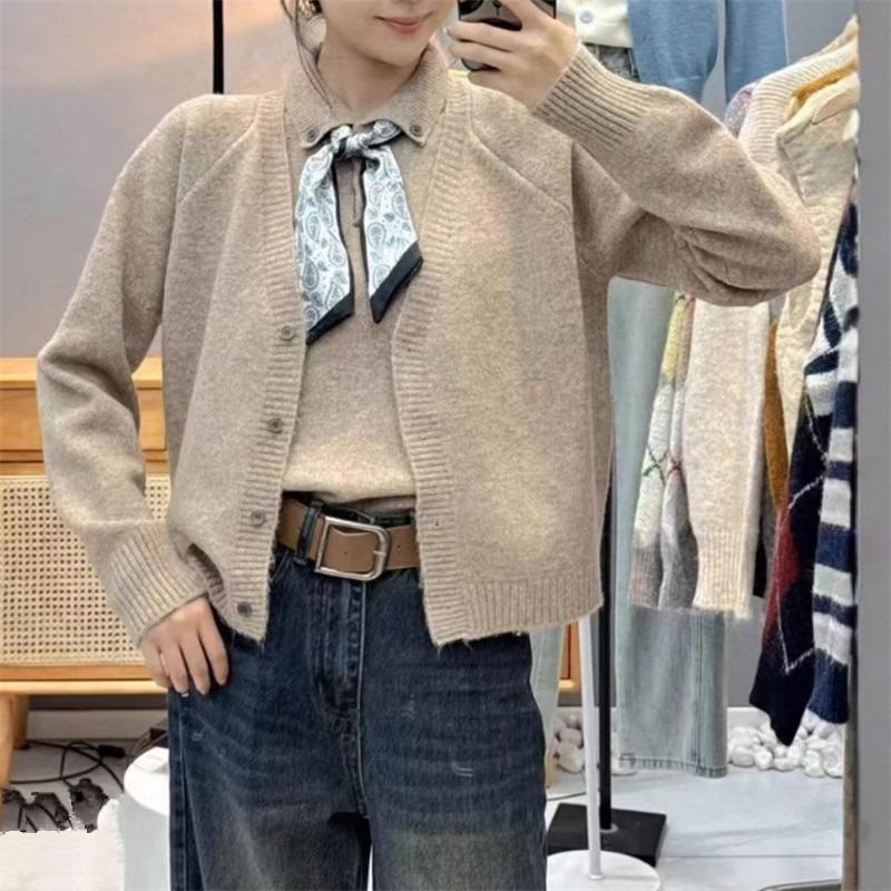 Silk Scarf Tie-up Button Lapel Pullover Knitted Cardigan Women's Autumn New Loose Age-reducing Sleeveless Vest Two-piece Set
