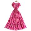 French light and mature style temperament printed V-neck dress women's new elastic pleated waist thin ruffle edge dress