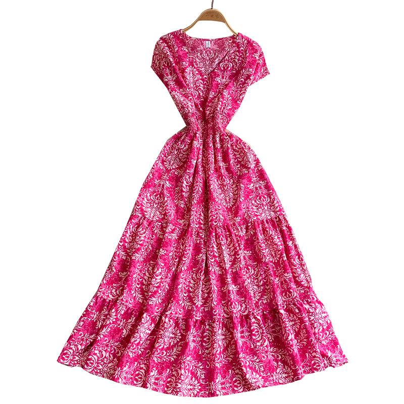 French light and mature style temperament printed V-neck dress women's new elastic pleated waist thin ruffle edge dress