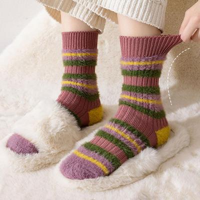 1 Paar Damen Herbst Winter Socken Mid-Tube Rutschfest Kontrastfarbe Dick Gestreift Hohe Elastizität Schweißabsorption Erwachsenen Alltags-Socke