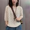 Spring Summer Vintage Knitted T-shirt Casual Round Neck Women's Clothing Solid Color Stylish Hollow Out Half Sleeve Pullovers
