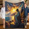 1 Piece Religious-themed Flannel Blanket, Featuring Jesus At Sunset, Perfect for Sofa, Bed, Office. Ideal Gift for Family, Frien