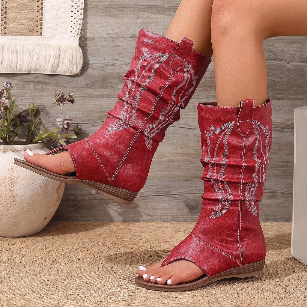 Scarpe da Donna con Ricami, a Punta Aperta, con Zeppa, Stile Western alla Moda, Traspiranti, Stivali Casual Versatili per le Feste, da Donna