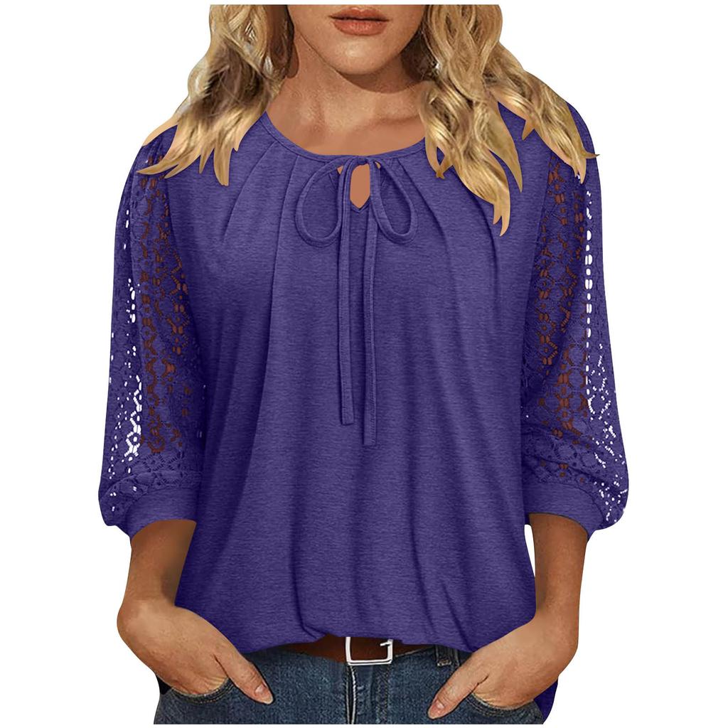 Women's Lace-Up Blouse, Loose Fit, Casual, Sheer Lace