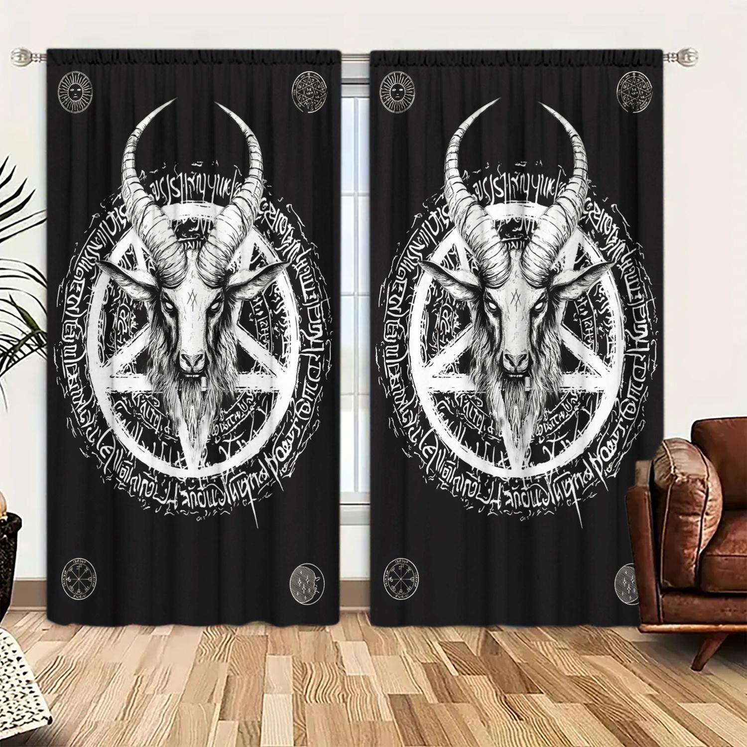 

Black Goat Head Sheer Curtains Polyester Living Room Bedroom Decor Set Of 2 Made With Rod Pocket Sitting W100*H70(CM)-Grommet top&2PCS