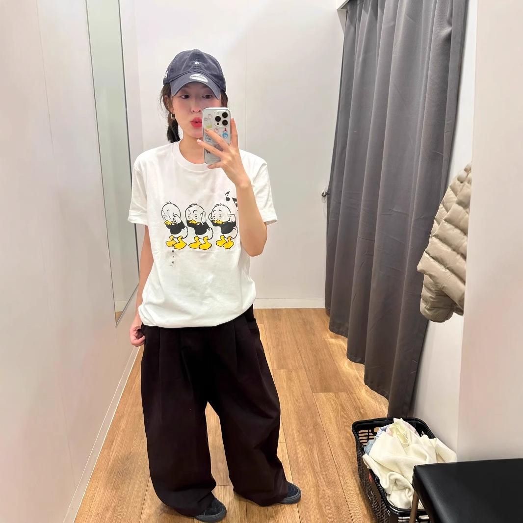 

Женская летняя хлопковая футболка с принтом уток 2025 года - Свободный крой, Короткий рукав, Повседневный стиль XXL белый