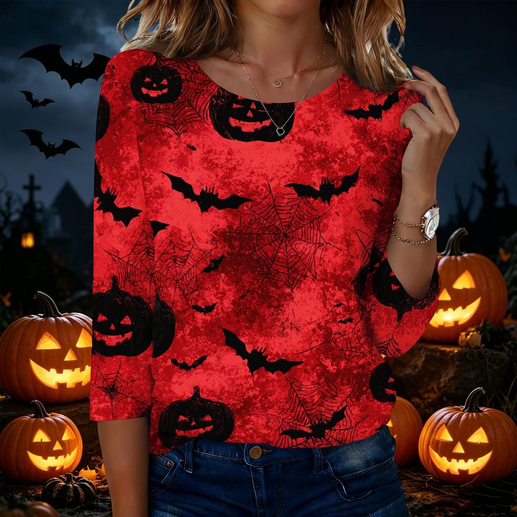 Women's Casual Round Neck Three Quarter Sleeve Halloween Print T Shirt Top Lightweight Comfortable Fit for Everyday Wear
