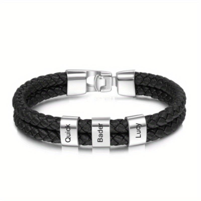 Men's Leather Bracelet Black Braided Leather Cord Name Engraved Bracelet Men's Double Layer Stainless Steel Engraved Bracelet