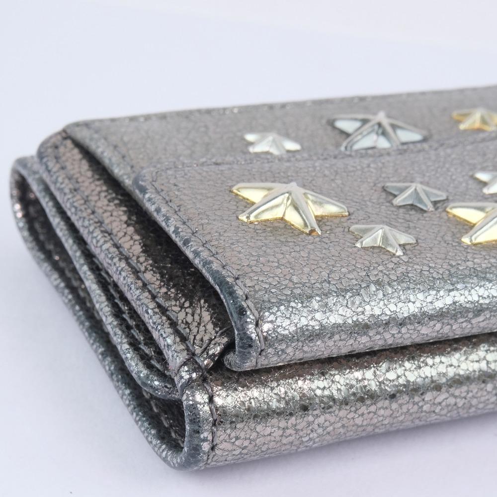 Jimmy Choo Star Studs Tri-fold Wallet Metallic Silver Calfskin Women Used