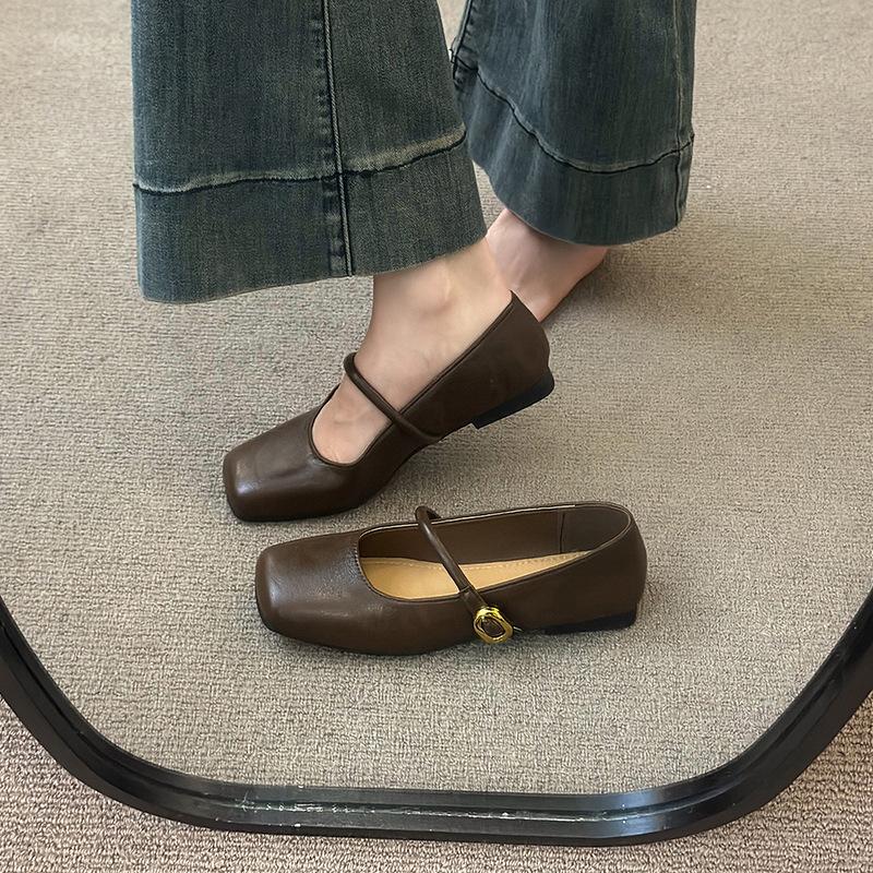 2025 Spring and Autumn Fashion French Retro Classic Square Head Flat Bottom Word with Mary Jane Single Shoes Korean Version Temperament Women's Shoes