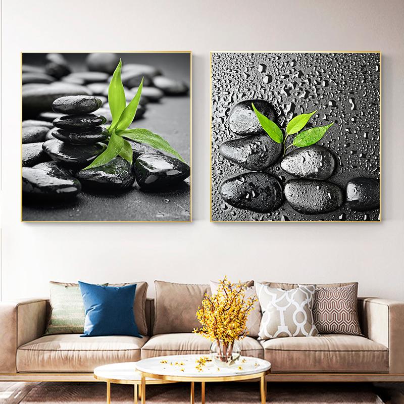 Schwarzer Zen-Stein, Leinwandmalerei, Wandkunst, grüne Blätter, Wandbilder, Wasser-Spa, Poster und Drucke für Wohnzimmer, Wohnkultur