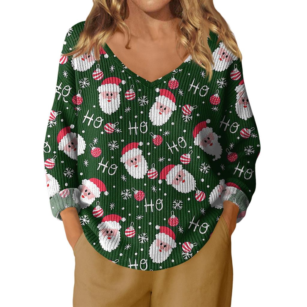 Women's Casual V-Neck Long Sleeve Knitted Christmas Print Pullover