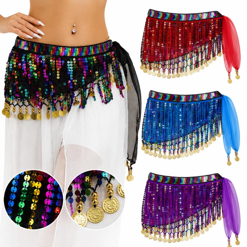 Shiny Sequins Tassel Belly Dance Hip Scarf Waist Belt Wrap Skirt For Halloween Cosplay Party Dance Costume