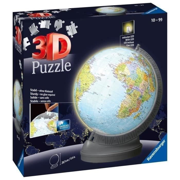 Puzzle 3d ball éducatif - globe terrestre lumineux - ravensburger - 540 pièces - a partir de 10 ans