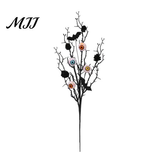 Halloween Spooky Decor Black Artificial Branches, Scary Eyeballs Picks with Bats Pine Horror Atmosphere Cones for Gothic Vase Filler,
