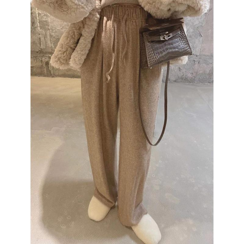 

Модные женские шерстяные трикотажные брюки с широкими штанинами, осень-зима, высокая талия, завязка на шнурок, прямые повседневные брюки, однотонные, элегантные, свободные, длинные брюки 2365 L светло-коричневого