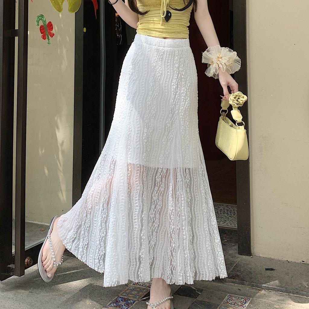 French Style White Lace Fish Tail Midi Skirt for Women - Summer High-Waist Drape A-Line Bodycon Long Skirt