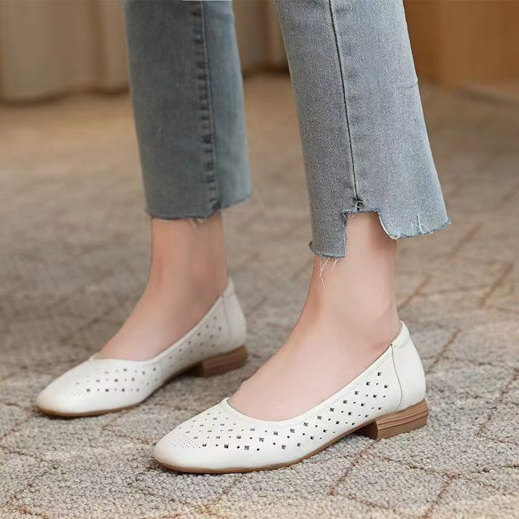 Women's Leather Hollow Out Low Heel Shoes Summer New Square Toe Shallow Slip On Cave Shoes Breathable Lightweight Commuter Shoe