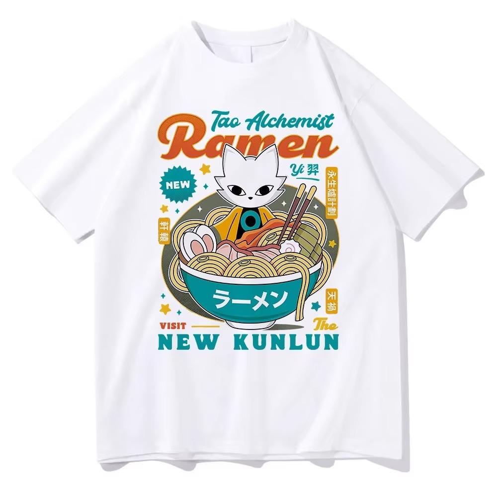 Nine Sols Yi Ramen T Shirt Fashion Men Aesthetic Funny Cute Cat Noodle T-Shirt Unisex High Quality Noodles Cotton Tees Shirts
