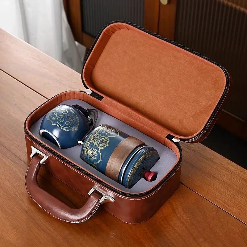 1 Set Travel Tea Set Portable Kung Fu Tea Set Ceramic Teapot Tea Canister Tea Cup Outdoor Quick Cup Tea Canister Leather Bag