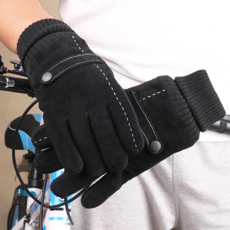 Warm gloves Men's cold-proof pigskin piled and thickened knitted Luokou outdoor riding touch screen autumn and winter leather gloves