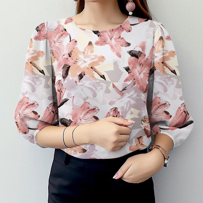 

ZANZEA Женская повседневная блузка с круглым вырезом и рукавом 3/4 с цветочным принтом