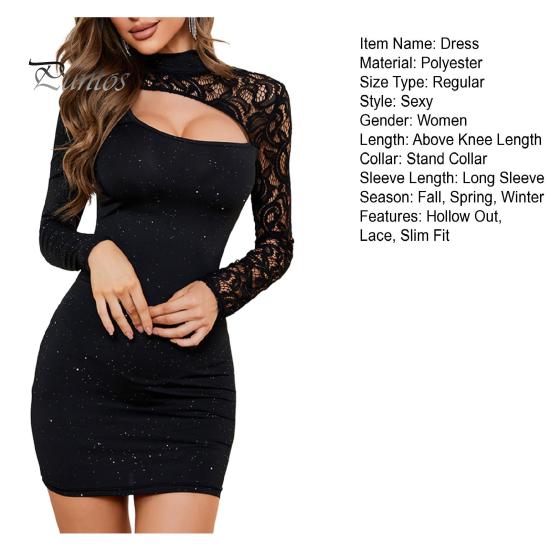 Damenkleid, ausgehöhlte Spitzenstickerei, schmale Passform, Etuikleid, Herbstkleid, einfarbig, glänzend, gestrickt, Stehkragen, elastisch, Minikleid für Abschlussball, Party