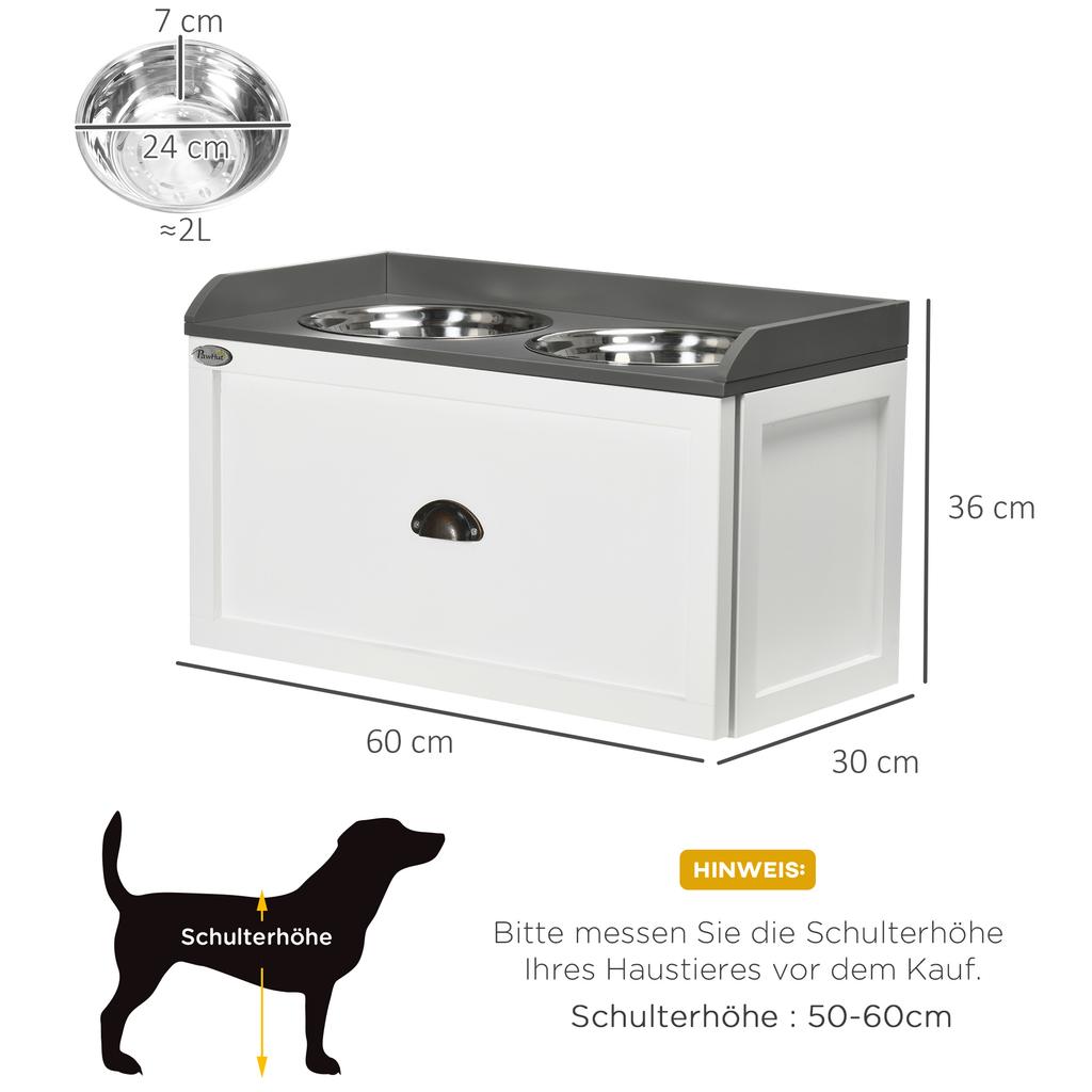 Erhöhte Hundennäpfe aus Edelstahl, mit 21L Aufbewahrungsschublade für große Hunde und Katzen - Weiß