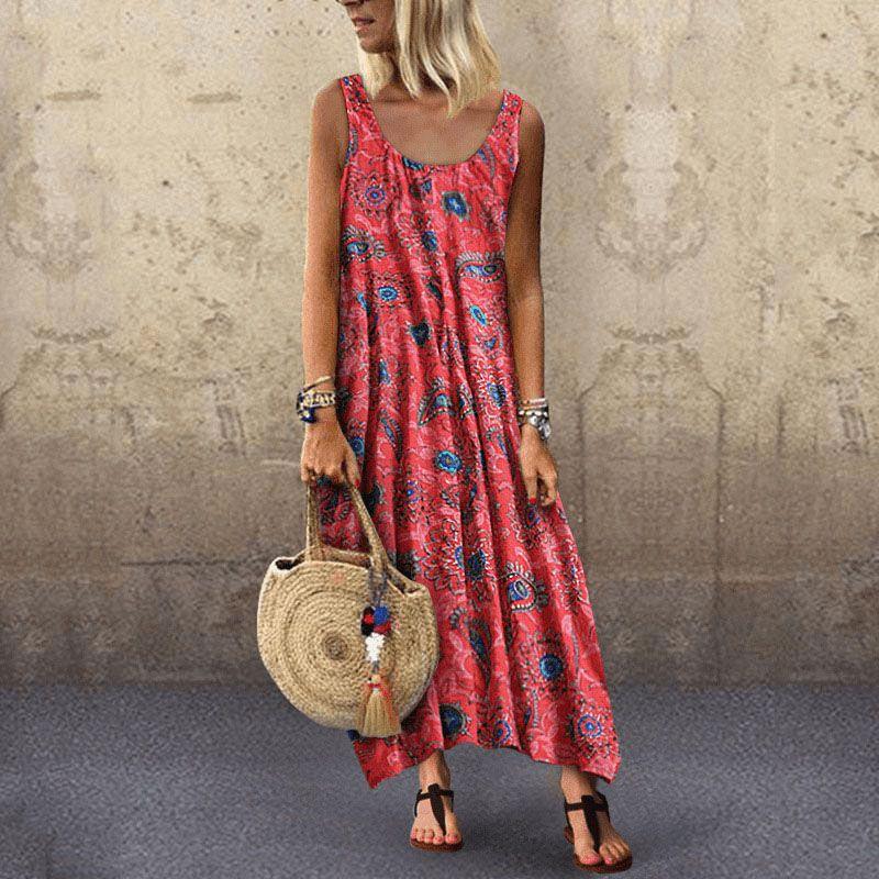 Elegant Womens Summer Sleeveless Holiday Long Boho Kaftan Tank Dress For Beach