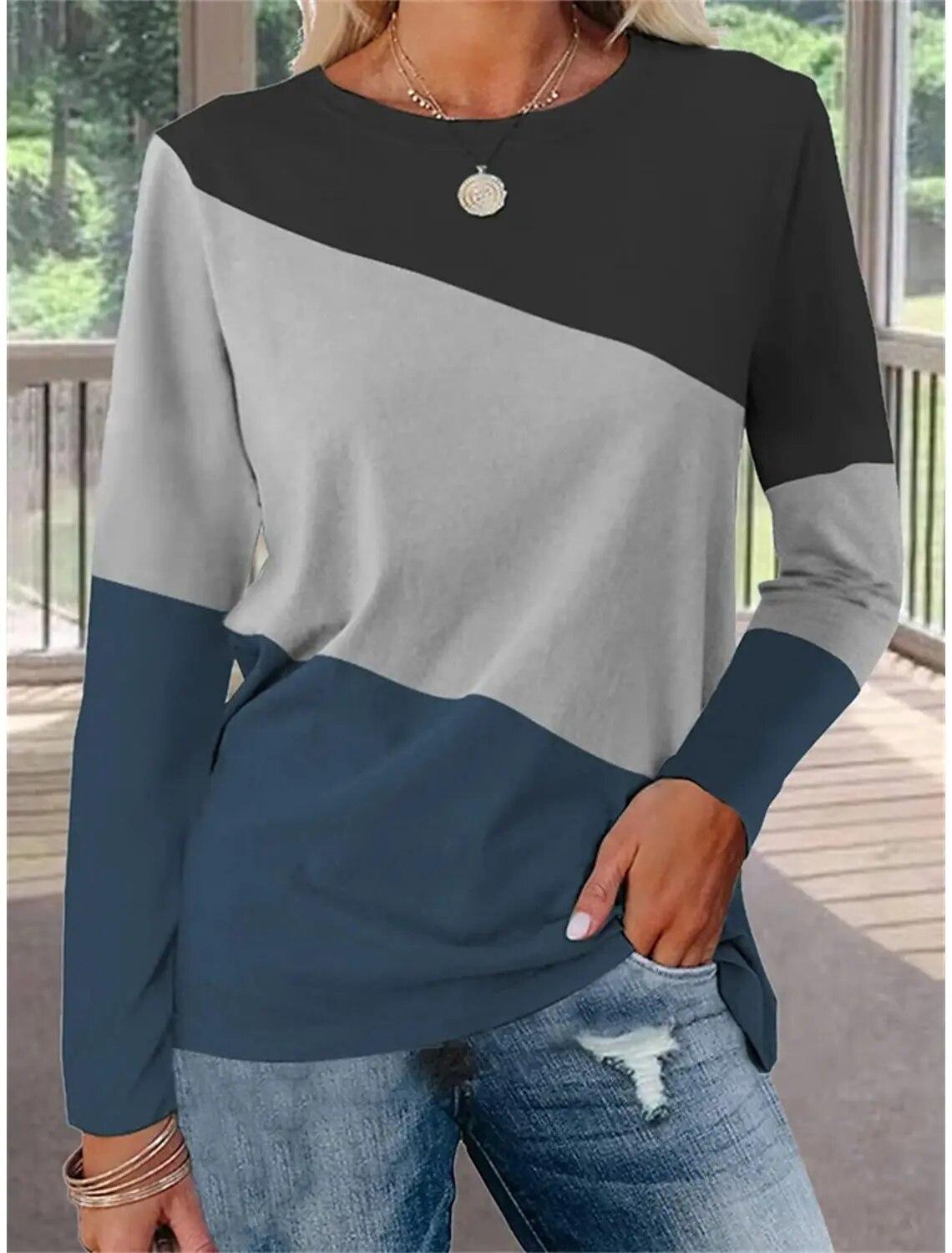 

Модные женские толстовки Цветных блоков с принтом Длинный рукав Повседневные Выходные Повседневные Классический Круглый вырез Обычный крой Картина Осень и зима L