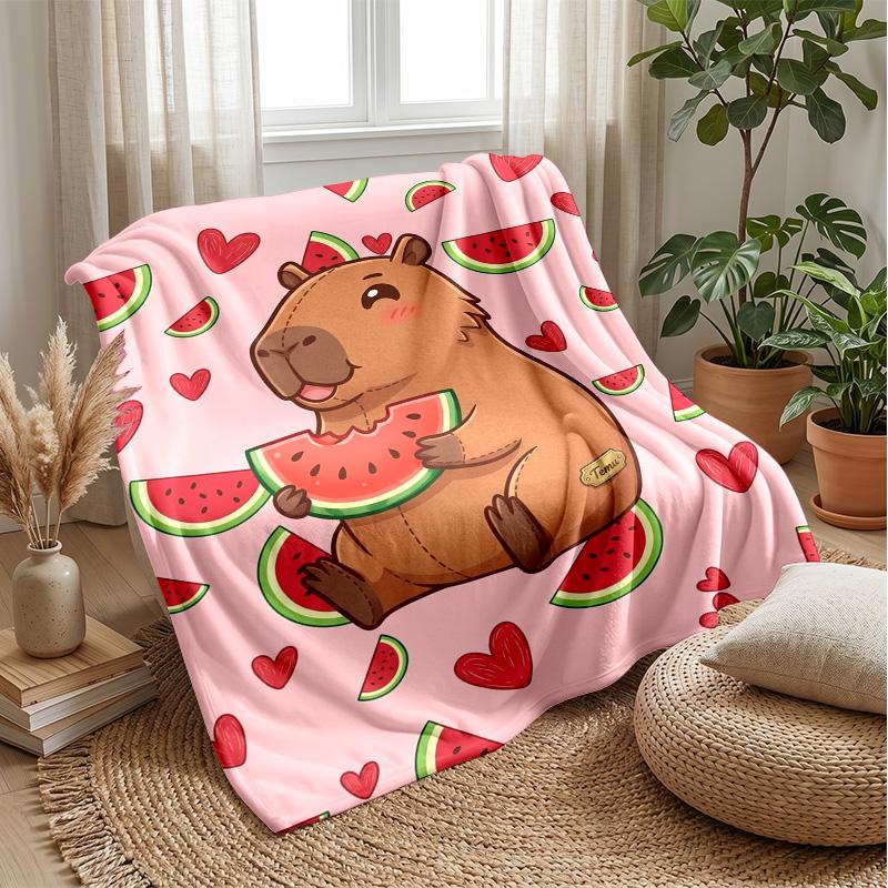 Watermelon Love Capybara Theme Blanket Lightweight Warm Flannel Blanket Decorative Throw Blanket for Home Decoration