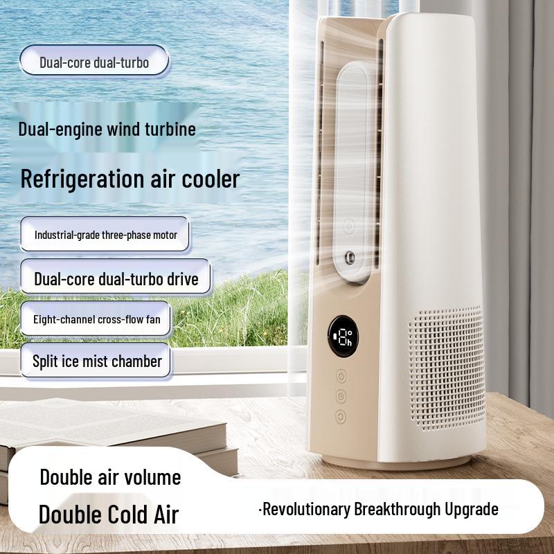 Double Turbine Leafless Fan & Humidifier: Mini Dual Tower, High Wind, USB-Powered, Humidifying Spray