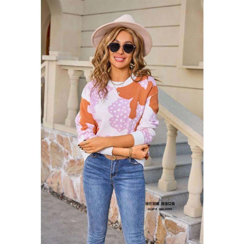 Damen Herbst Winter Neu Pullover Rundhals Jacquard Farbe Langarm Pullover für Damen Modischer Casual Strickpullover