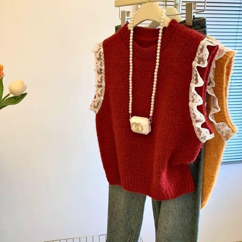 Dámská retro krajková pletená vesta v korejském stylu, líná panelová, s kulatým výstřihem, volná bez rukávů, top, svetr na podzim a zimu