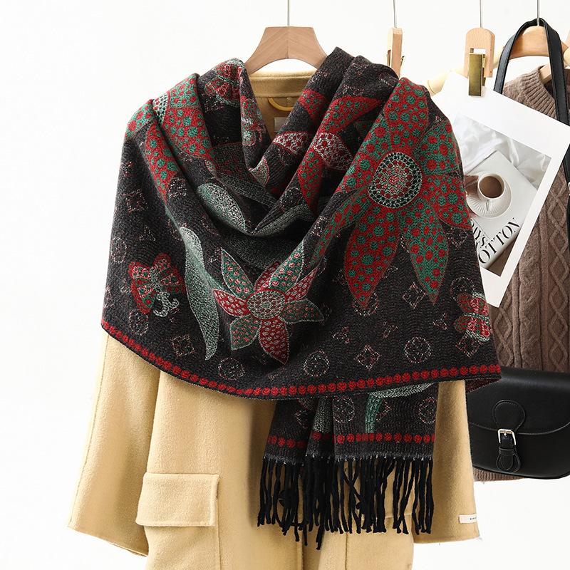 Jacquard Scarf Shawl with Decorative Imitation Cashmere Scarf for Women Winter High End New Style Thickened Ethnic Style Shawl