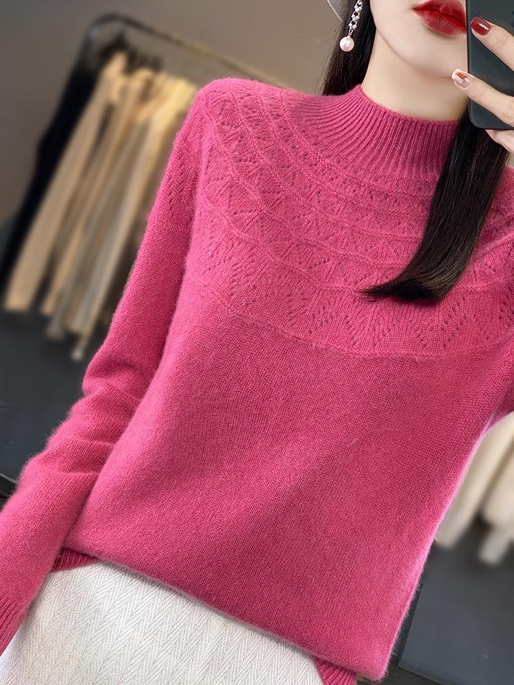 Autumn/Winter Women's Knitwear: Hollow Out Half-High Neck Long Sleeve Loose Slimming Pullover Sweater.