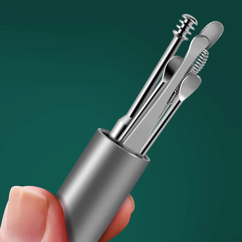 Ohrstocher aus Edelstahl, 6-teilig, Spiral-Ohrstocher-Set aus silbernem Metall, tragbarer Schlüsselanhänger