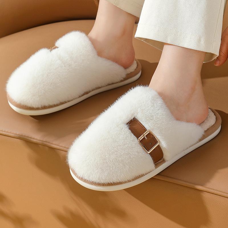 Plush Buckle Cotton Shoes Autumn and Winter Leisure Indoor Home Couple Plush Thick-soled Warm Cotton Slippers EVA Sole