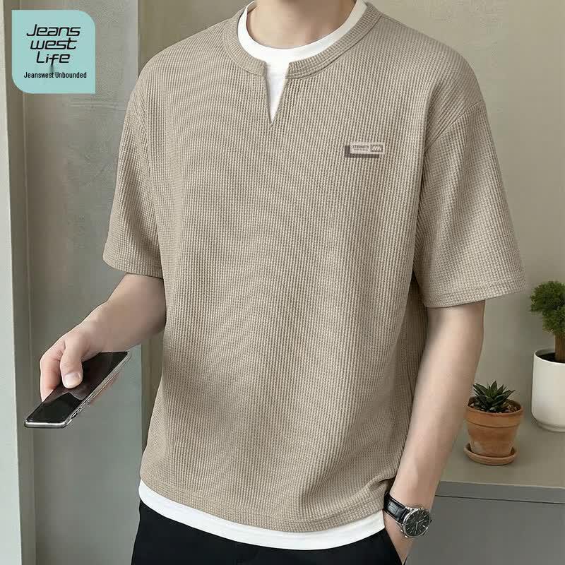 JEANSWEST LIFE Men s Waffle Faux Two-Piece Short Sleeve T-Shirt M