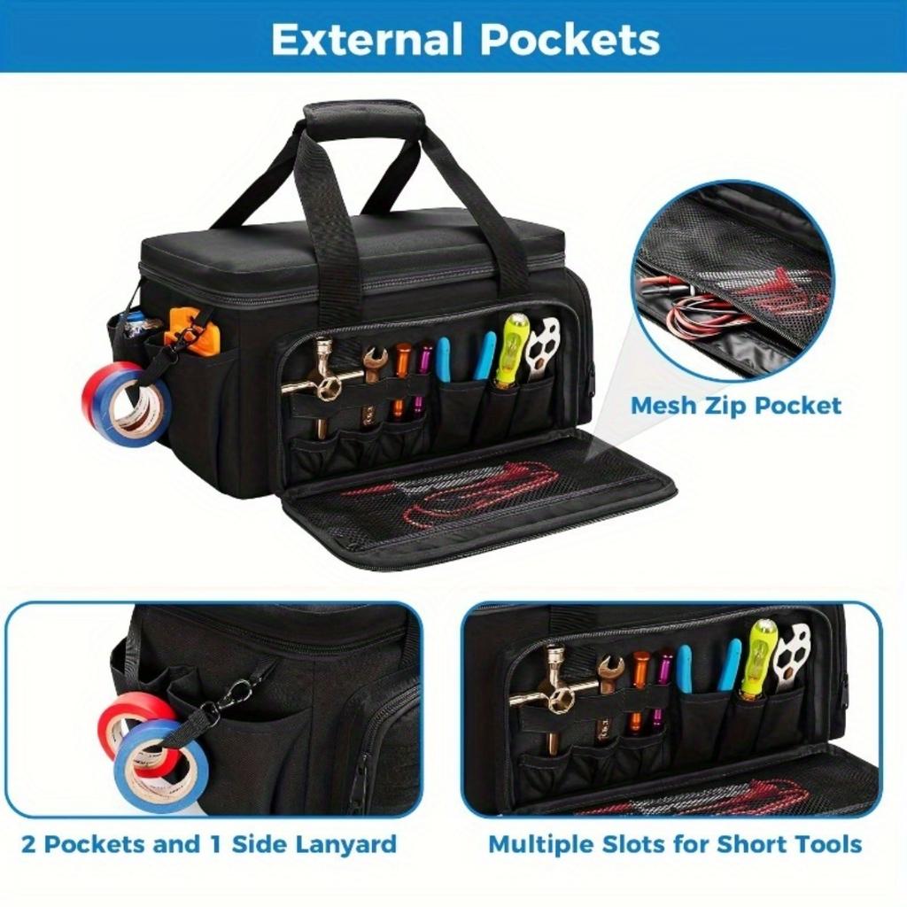 Heavy Duty Fabric Tool Backpack, 14 Inch Large Capacity With Reinforced Pockets For Electrician Construction Worker Durable Working Storage Bag