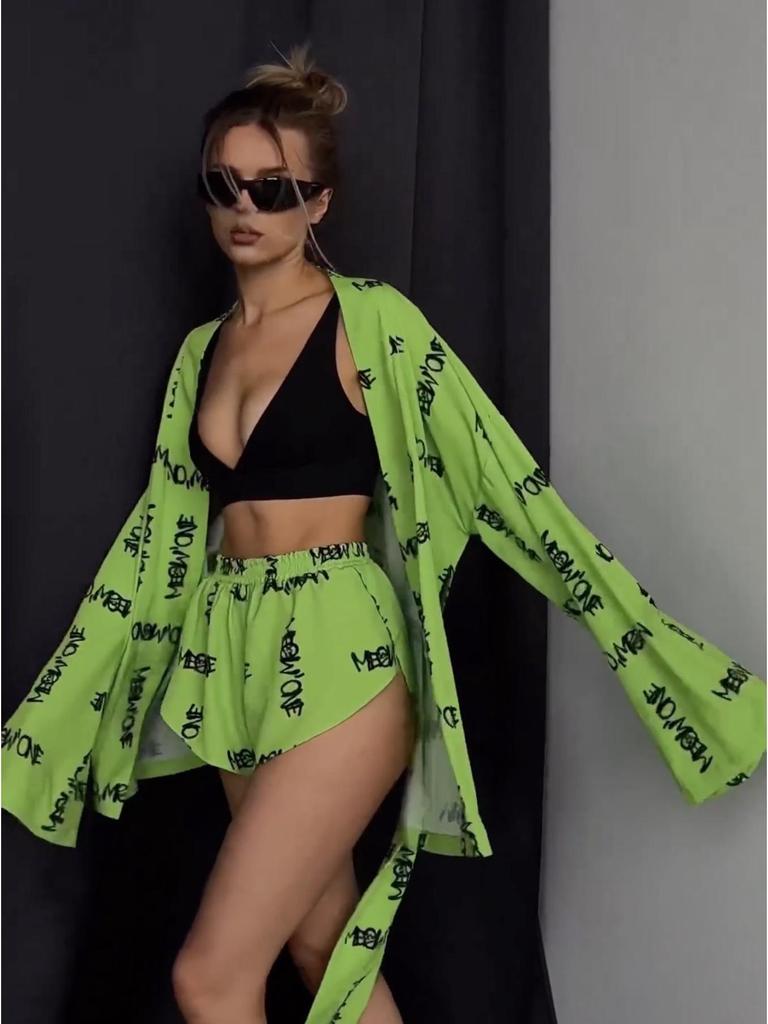 2024 Women's Loose Long-Sleeve Print Pajamas & High-Waisted Shorts Set