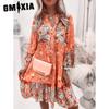 GMXIA Women Fashion Bohemian Floral Print V Neck Mini Dresses Casual Loose Elegant Ladies Beach Party Flare Sleeve Dress