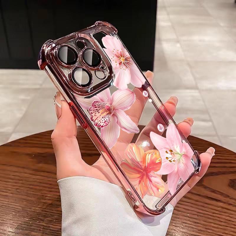 Case For iPhone 14 13 Pro Max 6 7 8 Plus 17 Air X XR XS Max Plating Violet Flowers Shockproof Transparent Soft Cover