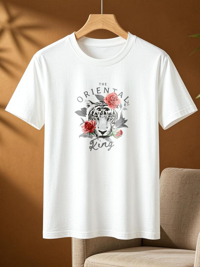 Men Women Cotton Tiger Rose Print Casual Fashion Comfortable Soft Daily Wear T Shirt