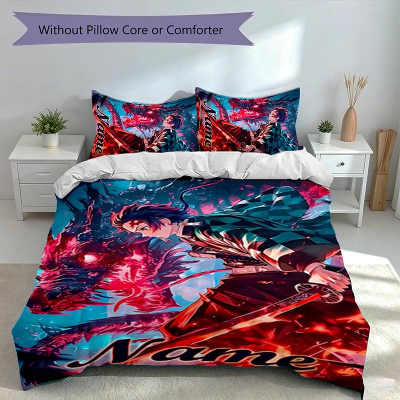 3pcs Custom Name Demon Slayer Tanjiro Set,Includes 1 Duvet Cover and 2 Pillowcases,All-season Bedroom Decor